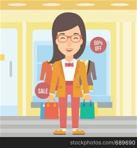 A woman with bags on the background of boutique window with dressed mannequins vector flat design illustration. Square layout.. Happy customer with bags.