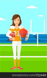 A woman with ball and helmet on rugby stadium vector flat design illustration. Vertical layout.. Rugby player with ball and helmet in hands.