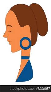 A woman with brown hair in a blue dress with eyes closed wearing a blue earring vector color drawing or illustration