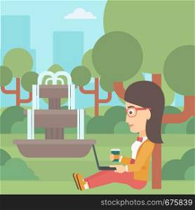 A woman with cup of coffee studying in park using a laptop vector flat design illustration. Square layout.. Woman using laptop for education.