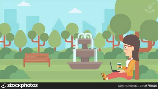 A woman with cup of coffee studying in park using a laptop vector flat design illustration. Horizontal layout.. Woman using laptop for education.