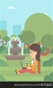 A woman with cup of coffee studying in park using a laptop vector flat design illustration. Vertical layout.. Woman using laptop for education.