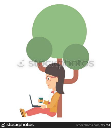 A woman with cup of coffee studying in park using a laptop vector flat design illustration isolated on white background. . Woman using laptop for education.