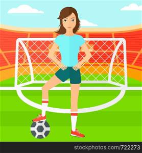 A woman with football ball on the field of stadium vector flat design illustration vector flat design illustration. Square layout.. Football player with ball.