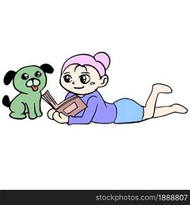 a woman with her pet dog reading a book. cartoon illustration sticker mascot emoticon
