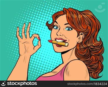 a woman with lipstick. OK gesture. Fashionable beautiful woman. Perfumery. pop art retro vector illustration kitsch vintage drawing 50s 60s style. a woman with lipstick. OK gesture. Fashionable beautiful woman. Perfumery