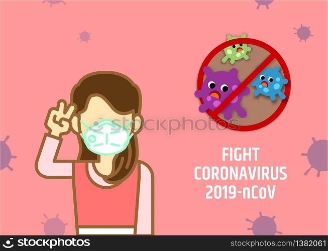 A woman with medical mask raised arms in fight Coronavirus 2019-nCov concept. Stay home.