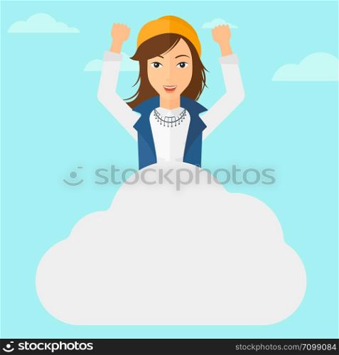 A woman with raised hands sitting on a cloud on the background of blue sky vector flat design illustration. Square layout. . Woman sitting on cloud.