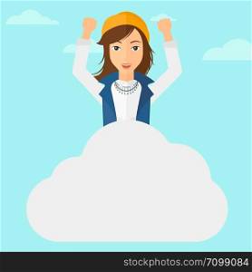 A woman with raised hands sitting on a cloud on the background of blue sky vector flat design illustration. Square layout. . Woman sitting on cloud.