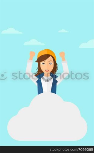 A woman with raised hands sitting on a cloud on the background of blue sky vector flat design illustration. Vertical layout. . Woman sitting on cloud.
