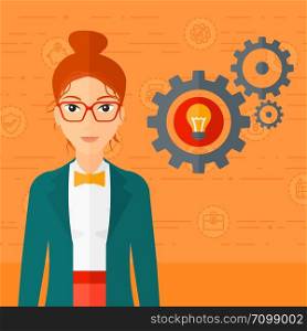 A woman with some gears behind her and a light bulb in one of gears on an orange background with business icons vector flat design illustration. Square layout.. Woman with bulb and gears.