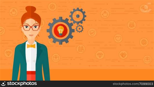 A woman with some gears behind her and a light bulb in one of gears on an orange background with business icons vector flat design illustration. Horizontal layout.. Woman with bulb and gears.