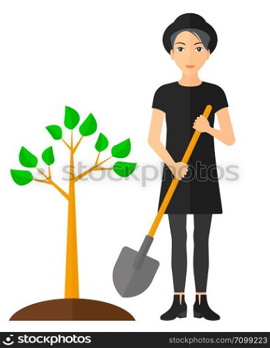 A woman with the shovel plants a tree vector flat design illustration isolated on white background. Vertical layout.. Woman plants tree.