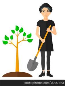 A woman with the shovel plants a tree vector flat design illustration isolated on white background. Vertical layout.. Woman plants tree.