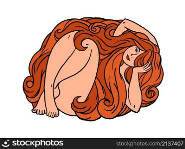 a woman with very long hair, naked without clothes. Comic cartoon hand drawing vintage illustration. a woman with very long hair, naked without clothes