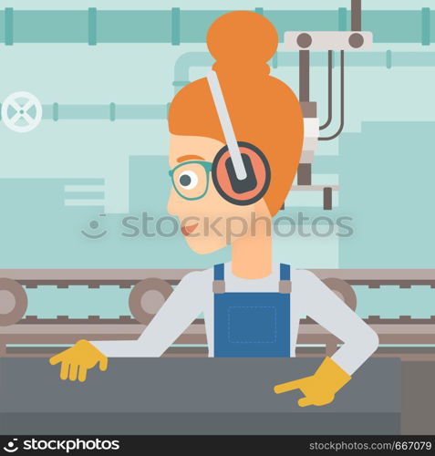 A woman working on a steel-rolling mill on the background of factory workshop with conveyor belt vector flat design illustration. Square layout. . Woman working on steel-rolling mill.