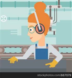 A woman working on a steel-rolling mill on the background of factory workshop with conveyor belt vector flat design illustration. Square layout. . Woman working on steel-rolling mill.