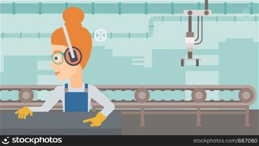 A woman working on a steel-rolling mill on the background of factory workshop with conveyor belt vector flat design illustration. Horizontal layout. . Woman working on steel-rolling mill.