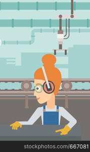 A woman working on a steel-rolling mill on the background of factory workshop with conveyor belt vector flat design illustration. Vertical layout. . Woman working on steel-rolling mill.