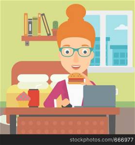 A woman working on laptop while eating junk food on the background of bedroom vector flat design illustration. Square layout.. Woman eating hamburger.