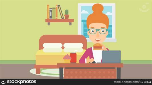 A woman working on laptop while eating junk food on the background of bedroom vector flat design illustration. Horizontal layout.. Woman eating hamburger.