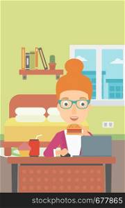 A woman working on laptop while eating junk food on the background of bedroom vector flat design illustration. Vertical layout.. Woman eating hamburger.