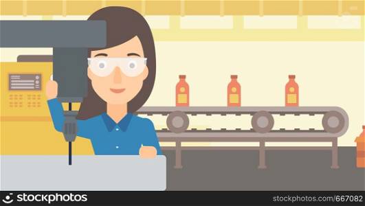 A woman working with a drilling machine on the background of factory workshop with conveyor belt vector flat design illustration. Horizontal layout.. Woman working with boring mill.