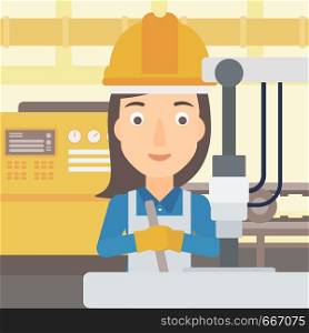 A woman working with an industrial equipment on the background of factory workshop with conveyor belt vector flat design illustration. Square layout. . Woman working with industrial equipment.