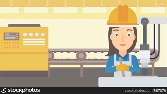 A woman working with an industrial equipment on the background of factory workshop with conveyor belt vector flat design illustration. Horizontal layout. . Woman working with industrial equipment.