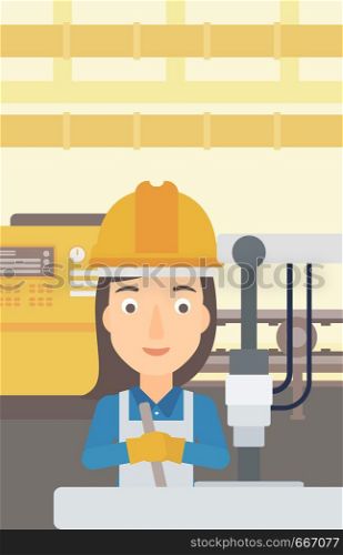 A woman working with an industrial equipment on the background of factory workshop with conveyor belt vector flat design illustration. Vertical layout. . Woman working with industrial equipment.