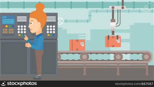A woman working with control panel at factory workshop vector flat design illustration. Horizontal layout.. Engineer standing near control panel.