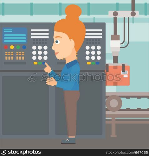 A woman working with control panel at factory workshop vector flat design illustration. Square layout.. Engineer standing near control panel.