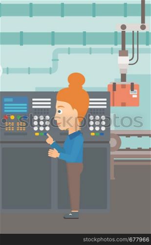 A woman working with control panel at factory workshop vector flat design illustration. Vertical layout.. Engineer standing near control panel.