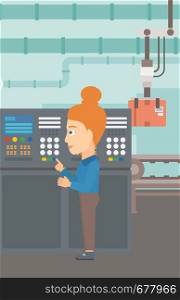 A woman working with control panel at factory workshop vector flat design illustration. Vertical layout.. Engineer standing near control panel.