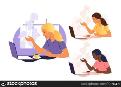A woman works and communicates on a laptop computer, sitting at a table at home with a Cup of coffee and papers. Vector illustration. Flat. Set.