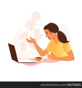 A woman works and communicates on a laptop computer, sitting at a table at home with a Cup of coffee and papers. Vector illustration. Flat.