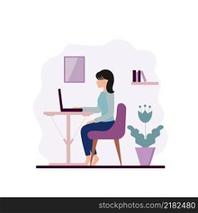 A woman works at home at a computer. The concept of freelancing, office work, isolation during the coronavirus quarantine. Vector illustration of a flat style.