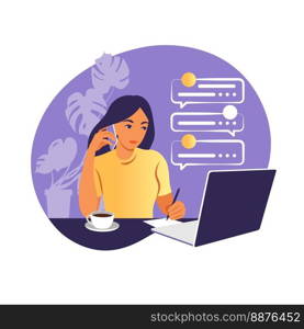 A woman works on a laptop computer and talks on the phone sitting at a table at home with a Cup of coffee and papers. Vector illustration. Flat.