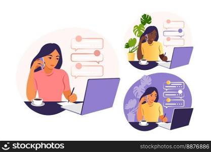A woman works on a laptop computer and talks on the phone sitting at a table at home with a Cup of coffee and papers. Vector illustration. Flat. Set.