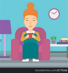 A woman wrapped into a plaid sitting in chair in living room and holding a cup of hot flavored tea vector flat design illustration. Square layout.. Woman sitting in chair with cup of tea.