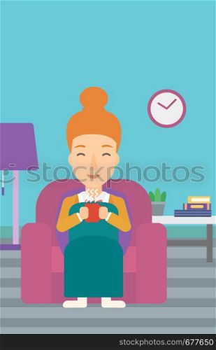 A woman wrapped into a plaid sitting in chair in living room and holding a cup of hot flavored tea vector flat design illustration. Vertical layout.. Woman sitting in chair with cup of tea.