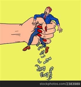 A womans hand has squeezed the man hard, money is pouring out of him. Family conflict, divorce. Comic cartoon hand illustration retro vector style. A womans hand has squeezed the man hard, money is pouring out of him. Family conflict, divorce