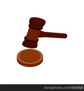 A wooden judge gavel and soundboard icon in isometric 3d style on a white background. A wooden judge gavel and soundboard icon