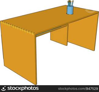 A wooden table with no legs only plated support having pen stand with so many pens vector color drawing or illustration