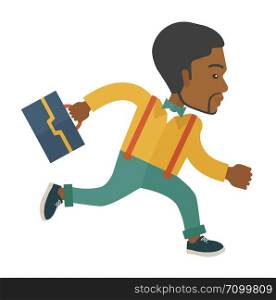 A worker with briefcase is late to Work. A contemporary style with pastel palette soft blue tinted background. Vector flat design illustration. Square layout. . Worker with briefcase is running.