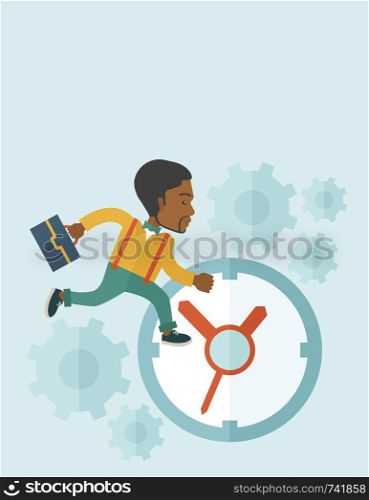 A worker with briefcase is late to Work with a clock symbol. A contemporary style with pastel palette soft blue tinted background. Vector flat design illustration. Vertical layout with text space on top part. . Worker with briefcase is running out of time.