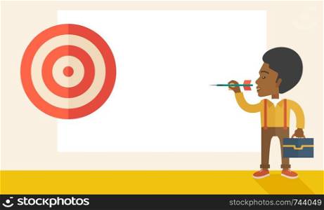 A working black man with strategy on how to get his target market sales higher. Market strategy concept. A Contemporary style with pastel palette, soft beige tinted background. Vector flat design illustration. Horizontal layout with text space in the middle.. Working black man holding a target arrow
