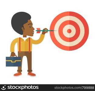 A working black man with strategy on how to get his target market sales higher. Market strategy concept. A Contemporary style. Vector flat design illustration isolated white background. Square layout.. Working black man holding a target arrow