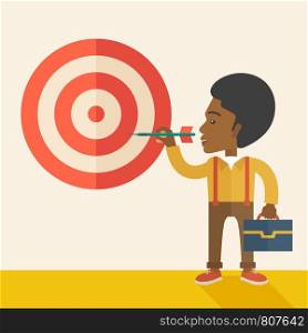 A working black man with strategy on how to get his target market sales higher. Market strategy concept. A Contemporary style with pastel palette, soft beige tinted background. Vector flat design illustration. Square layout.. Working black man holding a target arrow