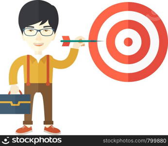 A working chinese man with strategy on how to get his target market sales higher. Market strategy concept. A Contemporary style. Vector flat design illustration isolated white background. Square layout.. Working chinese man holding a target arrow